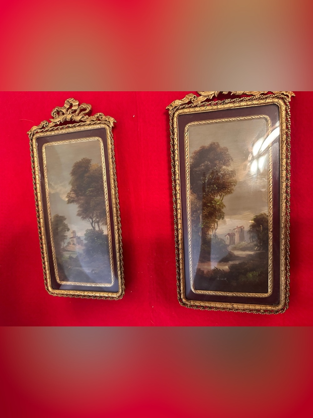 ITALIA Midcentury Pair Ornate Gilt Gold Framed Landscape Paintings Convex Glass